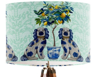 Staffordshire Dogs & Lemon Tree Lamp Shade - mint green, blue lemon chinoiserie lampshade, blue white staffordshire dogs Cosy Maximalist
