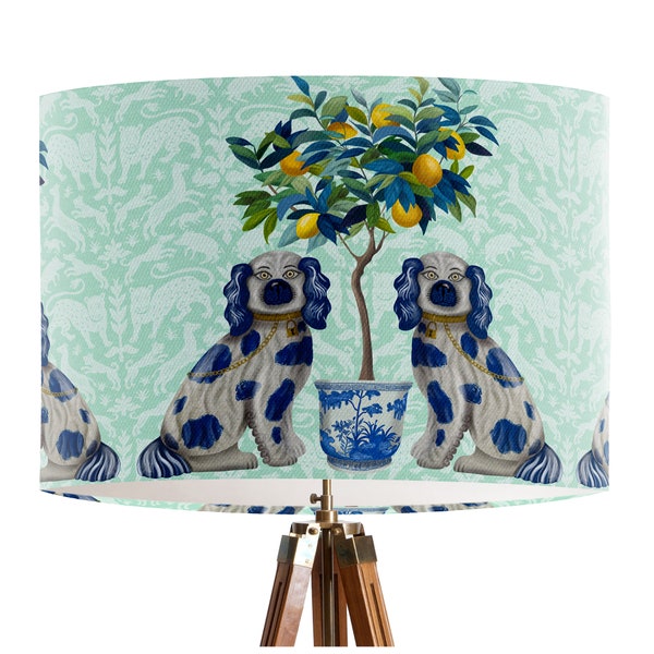 Staffordshire Dogs & Lemon Tree Lamp Shade - mint green, blue lemon chinoiserie lampshade, blue white staffordshire dogs Cosy Maximalist