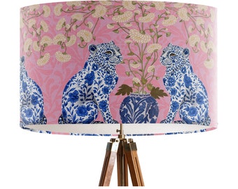 Pink and Blue Chinese Lamp Shade with chinoiserie leopards, bold and unusual tropical decor, unique maximalist hamptons style drum lampshade