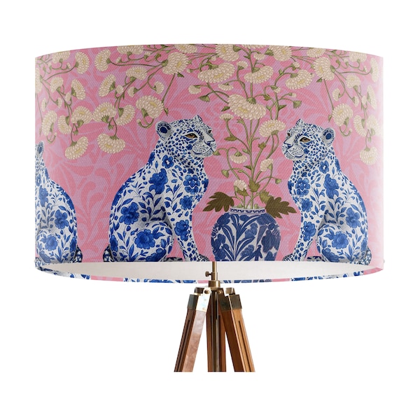 Pink and Blue Chinese Lamp Shade with chinoiserie leopards, bold and unusual tropical decor, unique maximalist hamptons style drum lampshade