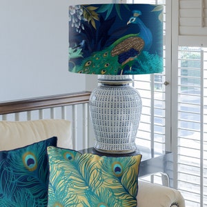 Peacock Garden Lampshade on Blue Large lamp shade with gold lining lampshade for table lamp pendant lamp shade for ceiling turquoise decor image 3