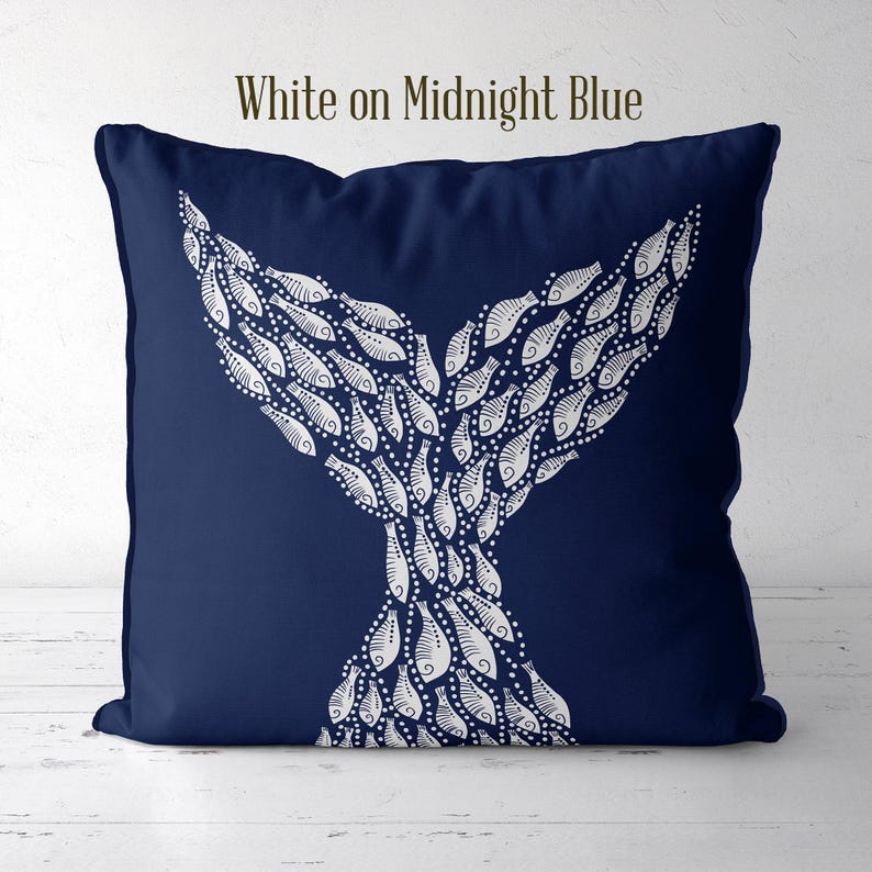 Modern coastal pillow covers Coastal throw pillows Little Fishes Whale Fish Tail Midnight Blue on White Coastal style Nautical pillow covers image 9