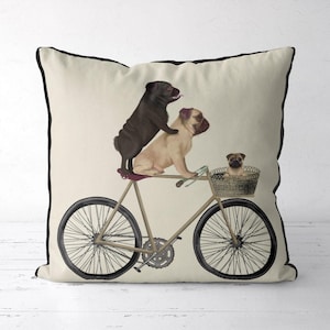 Cycling pug pillow cover, funny Pug on bike cushion cover