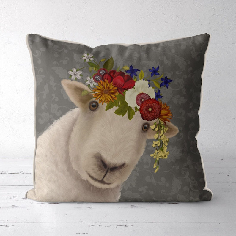 Pretty sheep farmhouse pillow, lamb accent pillow, sheep throw pillow farm animals pillows, sheep gifts, farm gifts, farm nursery, Bohemian image 1