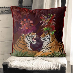 Red jungle tiger pillow cover, whimsical maximalist throw cushion