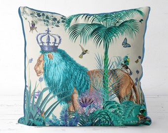 Lion Pillow cover blue pillow cover blue decor jungle pillow tropical decor lion cushion jungle cushion tropical pillow blue room decor kids