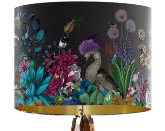 Glorious Plumes Bird Lampshade, Charcoal - Large lamp shade with gold lining, lampshade for table lamp or pendant Designer lamp black