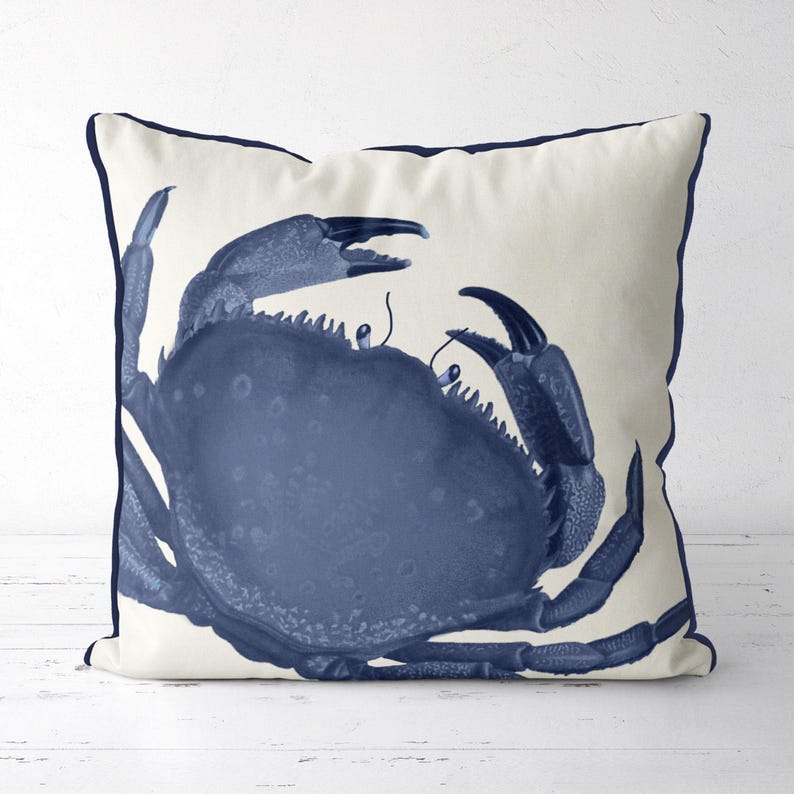 Blue Crab Pillow Cover - coastal pillows, beach house pillow, beach house decor, nautical cushion cover, beach cottage crab cushion handmade image 1