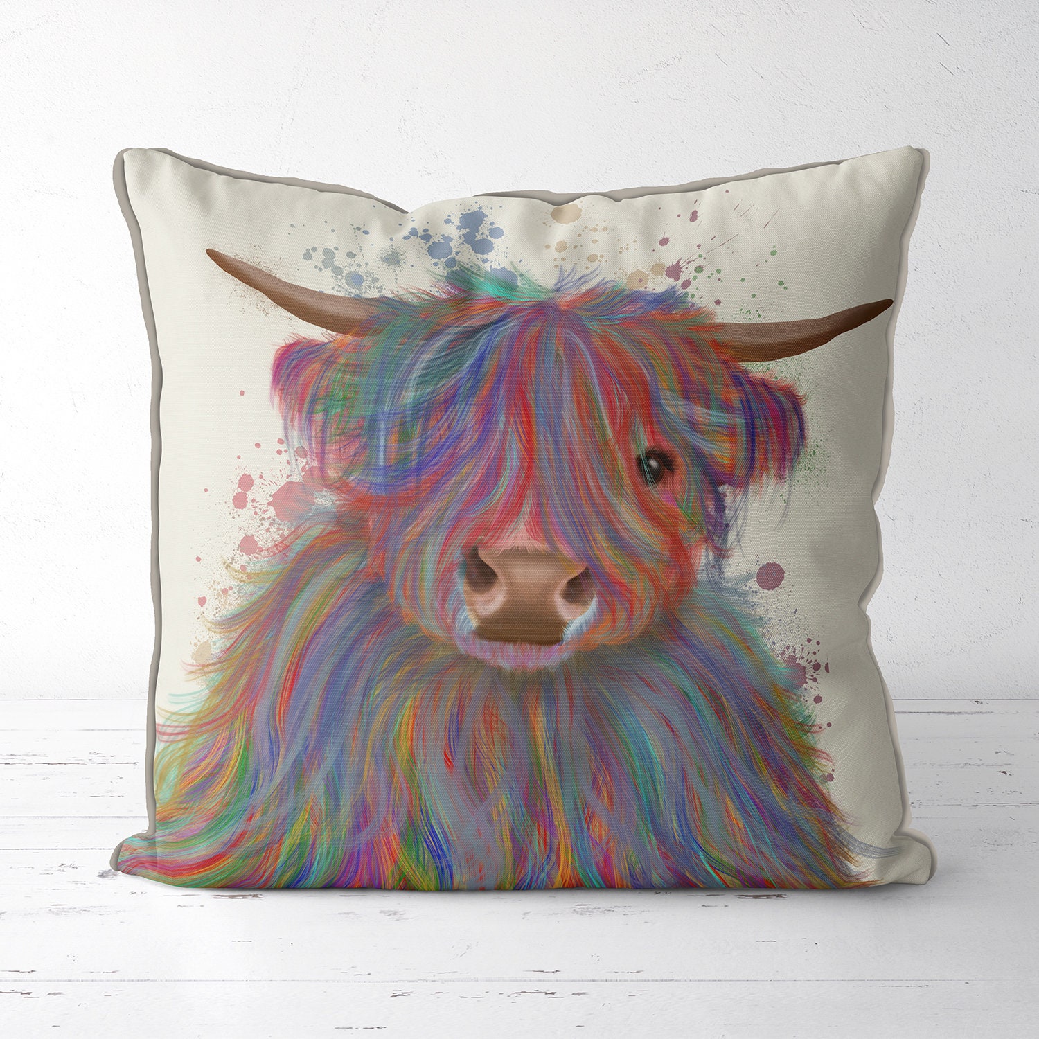 Highland Cow girl kids pink Cute Highland Cow Kids Throw Pillow 18x18 Multicolor 