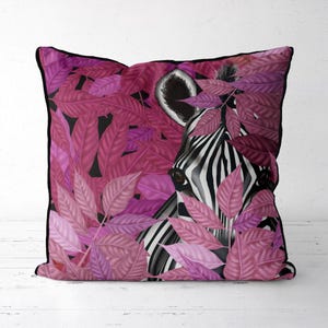 Zebra Pillow Cover, Black and White Cushion Cover with Pink Leaves, Botanical Safari Tropical Jungle Design