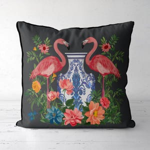 Pink Flamingo Pillow Cover: Chinoiserie Floral Linen Cushion