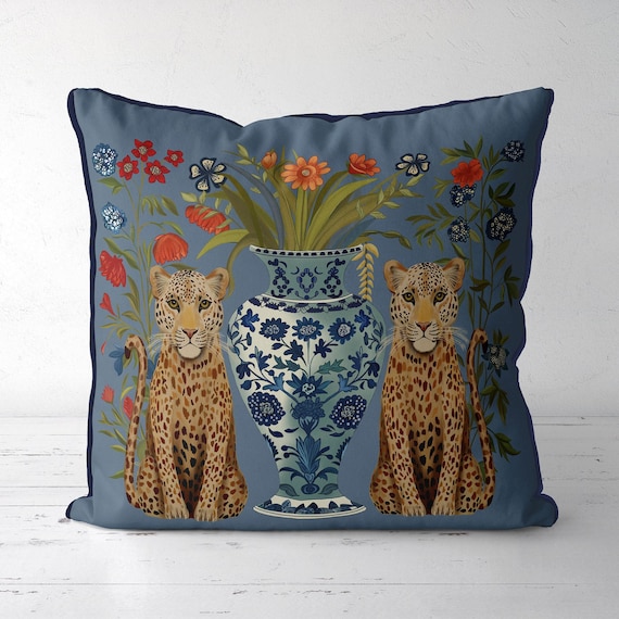 Handmade Leopard Pillow Cover: Chinoiserie Indigo Linen Cushion