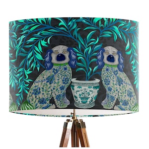 Turquoise chinoiserie style funky fun lampshade with Staffordshire Dogs on charcoal, Handmade in the UK designer fabric, chinese style