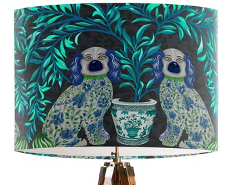 Turquoise chinoiserie style funky fun lampshade with Staffordshire Dogs on charcoal, Handmade in the UK designer fabric, chinese style