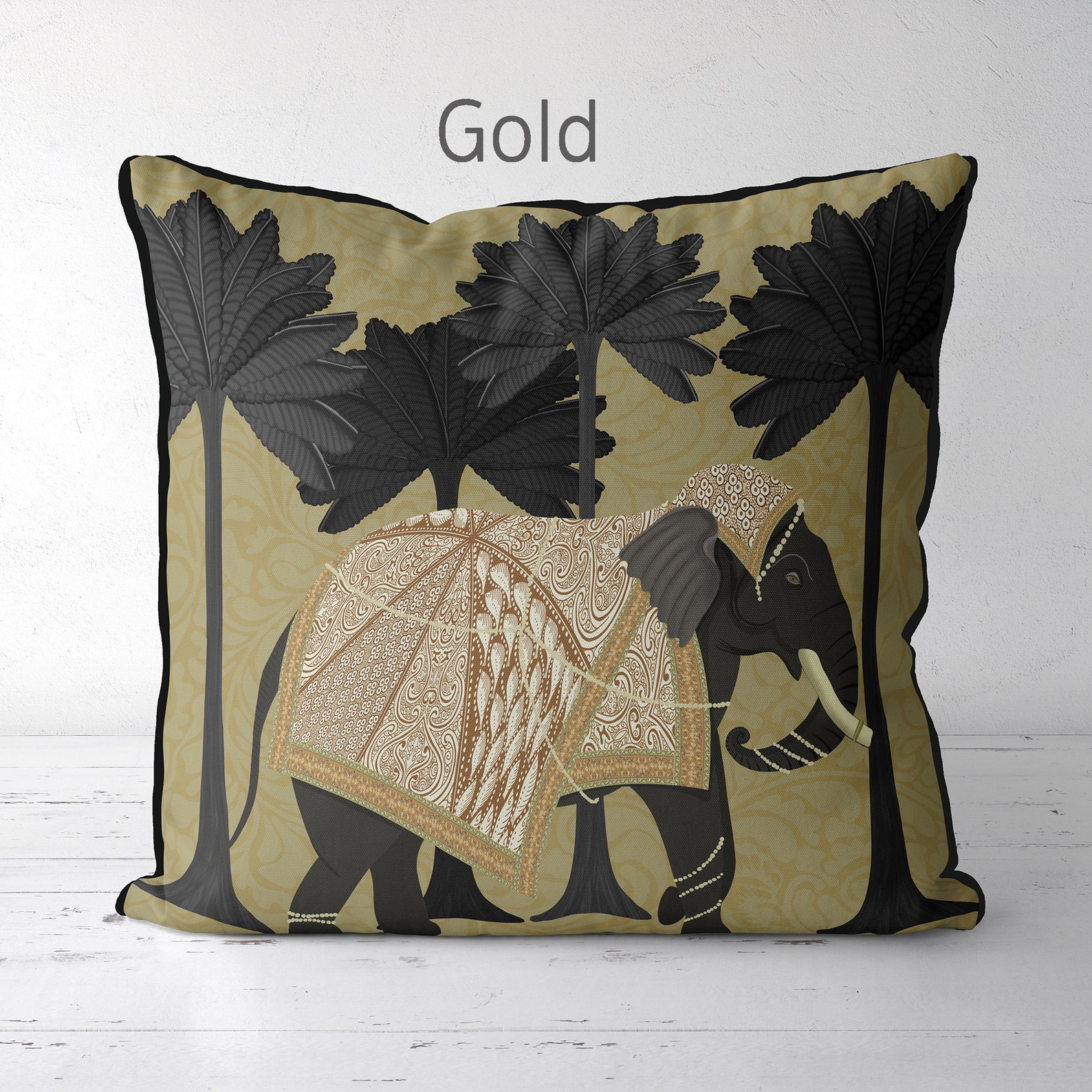 Handcrafted Quilted Elephant & Palm Tree Cushion Cover