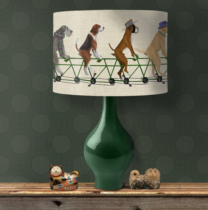 Lamp shade Dog Tandem drum lampshade dog lover gift dog nursery lampshade pendant dog on bike dog decor theme childrens bedroom kids room image 1