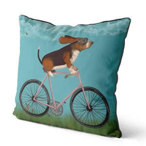 Basset Hound Pillow Cover, Basset Hound on Bicycle, Dog on Bike Cushion Cover, Cute Basset Hound Gift idea for owner, Funny Basset Hound pic image 2