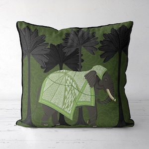 Elephant Pillow cover, Green tropical throw pillow, Accent cushion, safari decor