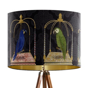 Parrot Swing Lamp shade on Charcoal - Large lamp shade gold lining, lampshade for table lamp pendant ceiling parrot lamp, Cosy Maximalist