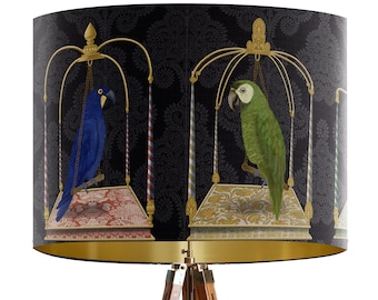 Parrot Swing Lamp shade on Charcoal - Large lamp shade gold lining, lampshade for table lamp pendant ceiling parrot lamp, Cosy Maximalist
