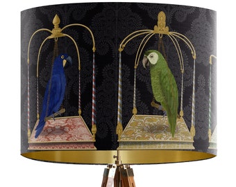 Parrot Swing Lamp shade on Charcoal - Large lamp shade gold lining, lampshade for table lamp pendant ceiling parrot lamp, Cosy Maximalist