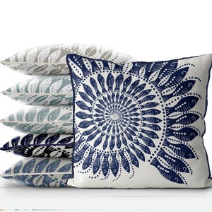 Modern coastal pillow covers Coastal throw pillows - Little Fishes Spiral Shell Midnight Blue on White Coastal style, Nautical pillow covers image 1