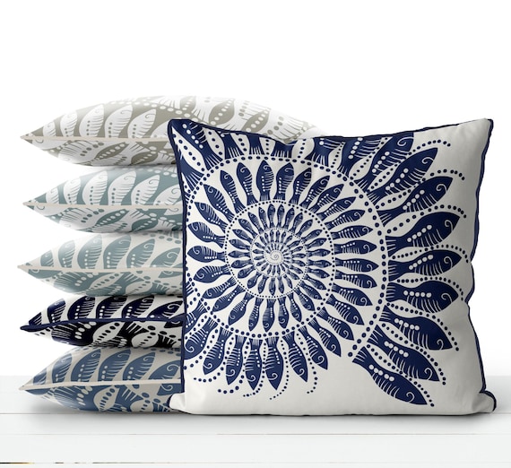 Modern coastal pillow covers Coastal throw pillows - Little Fishes Spiral Shell Midnight Blue on White Coastal style, Nautical pillow covers