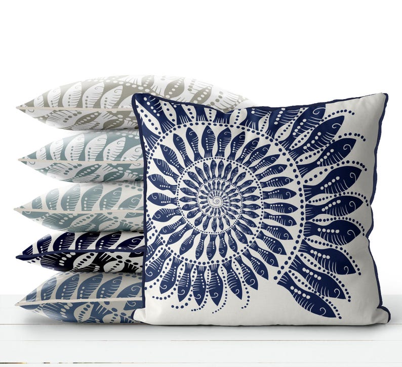 Modern coastal pillow covers Coastal throw pillows - Little Fishes Spiral Shell Midnight Blue on White Coastal style, Nautical pillow covers image 1