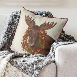 Christmas pillow cover, Moose orange & cranberry wreath cushion, Festive decor for home, Woodland animal Xmas cushion print on both sides image 6