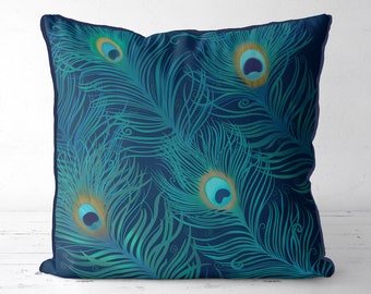 Peacock Feather pillow cover, Peacock cushion cover, navy blue green teal decor scatter cushions toss pillow peacock feather decor, art deco