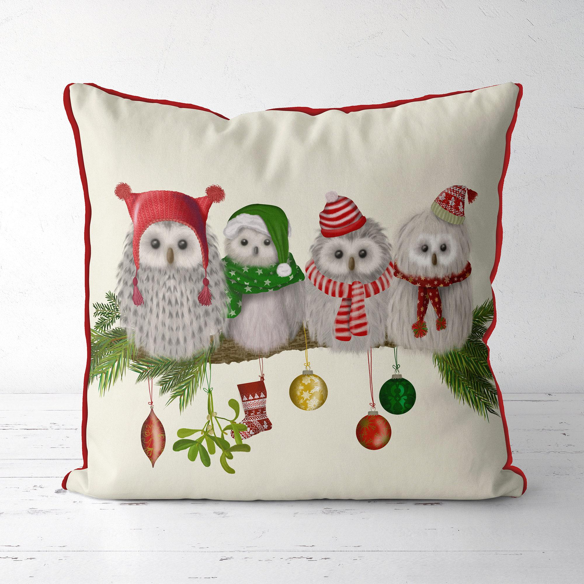 Cute owl Christmas pillow cover, Fluffy owls on branch Christmas cushion, Festive gift for xmas home