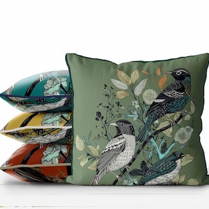 Green Pillow Cover fabric birds, Country home woodland botanical Designer cushion cover, modern maximalist cottage home decor made in UK FF6