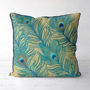 Peacock Feather Cushion cover, Peacock pillow cover, Gold blue green teal decor scatter cushions toss pillow peacock feather decor, art deco