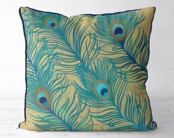 Peacock Feather Cushion cover, Peacock pillow cover, Gold blue green teal decor scatter cushions toss pillow peacock feather decor, art deco