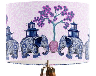 Pink and Blue Chinoiserie Elephant Lamp Shade - chinese style lamp shade, funky maximalist decor, designer fabric, handmade in UK, tropical