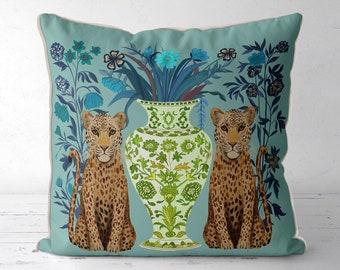 Leopard Pillow Cover Light Turquoise / Aquamarine, Tropical Designer african animal cushion cover, colourful asian style decor, leopard gift