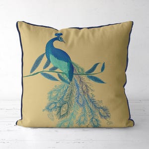Peacock Pillow Cover, Doodle Tail Peacock Cushion in Gold Blue and Turquoise, Modern Designer Accent