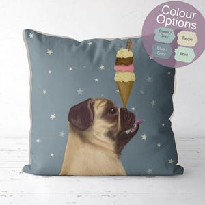 Fawn pug pillow cover, whimsical Tan Pug balancing ice cream cushion cover