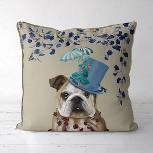 English Bulldog Pillow Cover, Colourful Quirky Dog Cushion with Whimsical Hat Design