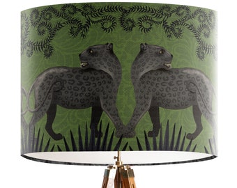 Green and black panther lampshade, Jaguar lamp shade, jungle animal decor, tropical lamp shade, designer fabric handmade in the UK botanical