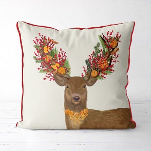 Christmas pillow cover - Orange and Cranberry Christmas Wreath - Christmas stag Christmas deer Xmas cushion cover woodland animal decor