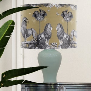 Tropical Lion lampshade in gold, with gold metallic lining, designer fabric handmade in the UK jungle style decor statement lampshade image 2