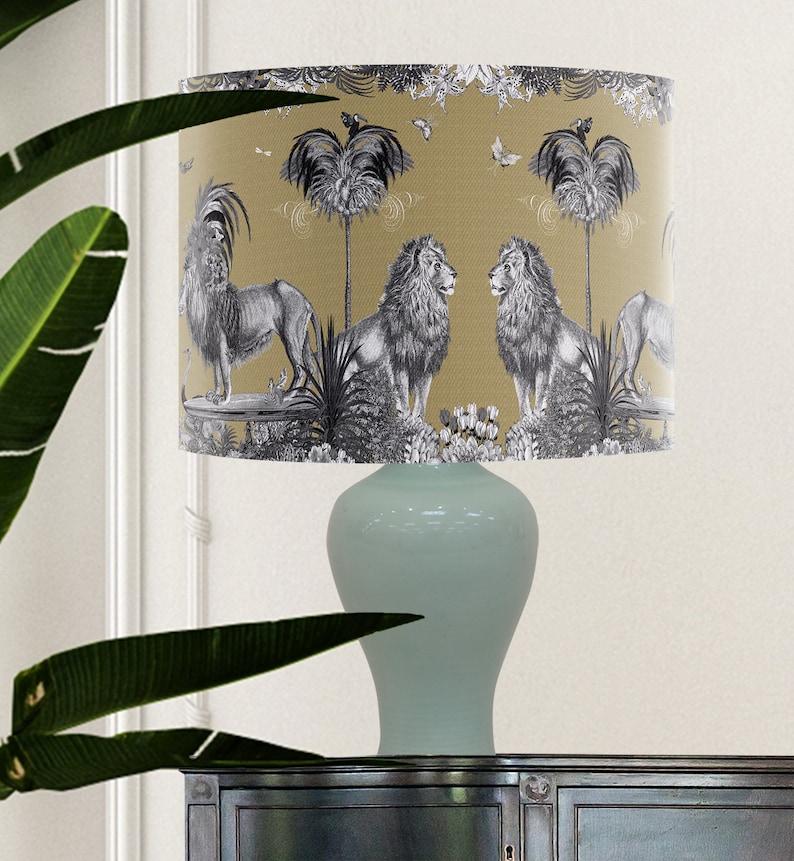 Tropical Lion lampshade in gold, with gold metallic lining, designer fabric handmade in the UK jungle style decor statement lampshade image 2