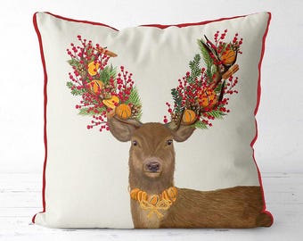 Christmas Deer Pillow Cover: Orange Cranberry Wreath, Woodland Decor