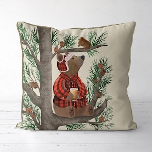 Bear in Tree Pillow Cover, Woodland Animal Cushion, Whimsical Nursery Decor, Cabin Cottagecore Throw, Lumberjack bear