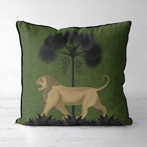 Lion Pillow cover, Green toned exotic throw cushion, modern tropical decor