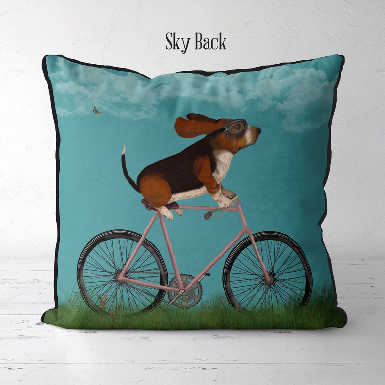 Basset Hound Pillow Cover, Basset Hound on Bicycle, Dog on Bike Cushion Cover, Cute Basset Hound Gift idea for owner, Funny Basset Hound pic image 4
