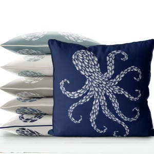 Coastal Decor, Octopus Pillow Cover, White on Navy Blue Nautical cushion cover, Boho Beach House Coastal Living, Under the Sea Themed Throw