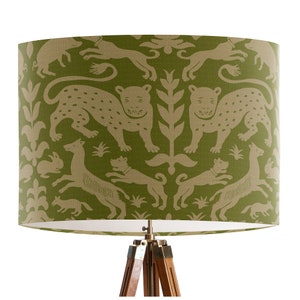 Beasts in Olive Green Lamp shade - Drum lampshade, Animal table lamp, green decor scheme, tropical decor, pendant lamp, green lamp shade