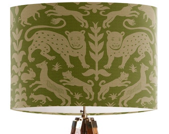 Beasts in Olive Green Lamp shade - Drum lampshade, Animal table lamp, green decor scheme, tropical decor, pendant lamp, green lamp shade